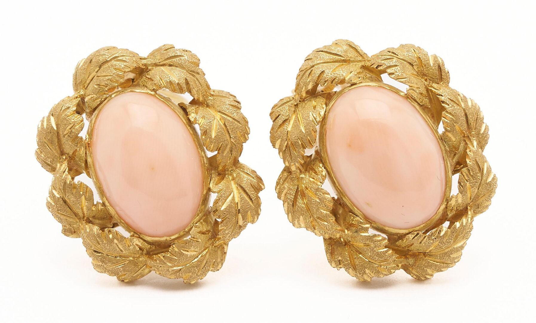 Lot 736: 18K Gold & Pink Coral Earrings