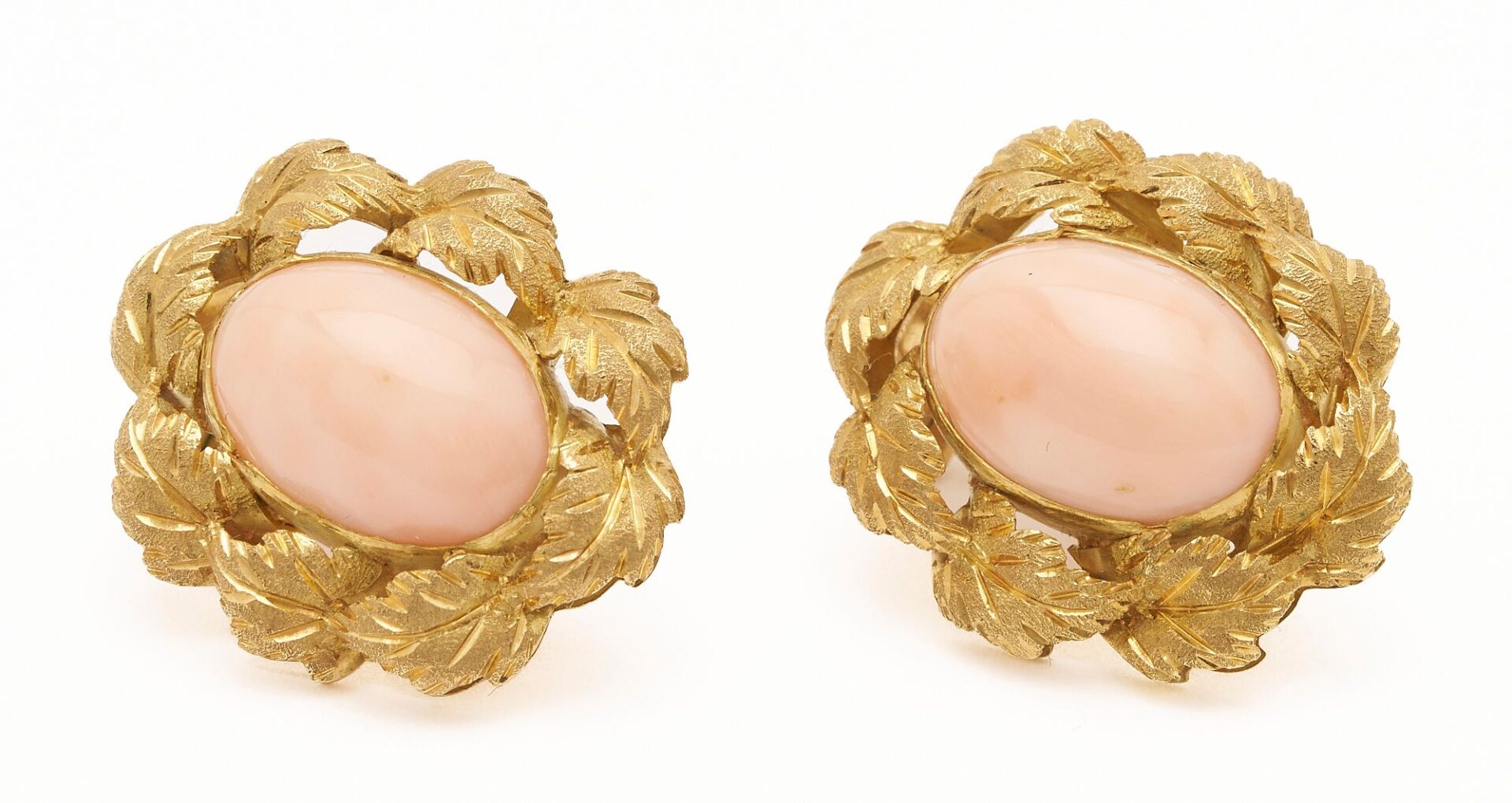 Lot 736: 18K Gold & Pink Coral Earrings