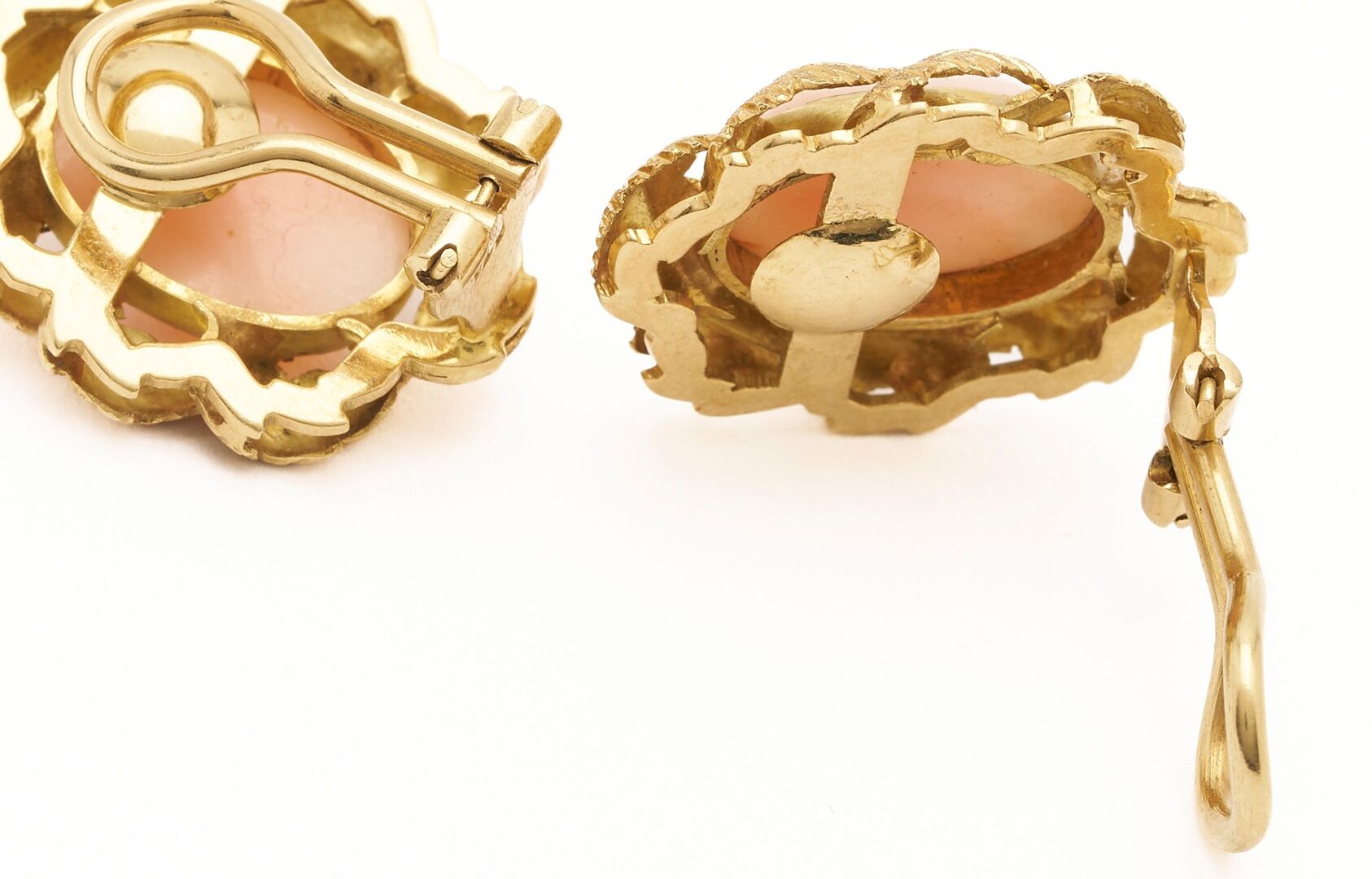 Lot 736: 18K Gold & Pink Coral Earrings