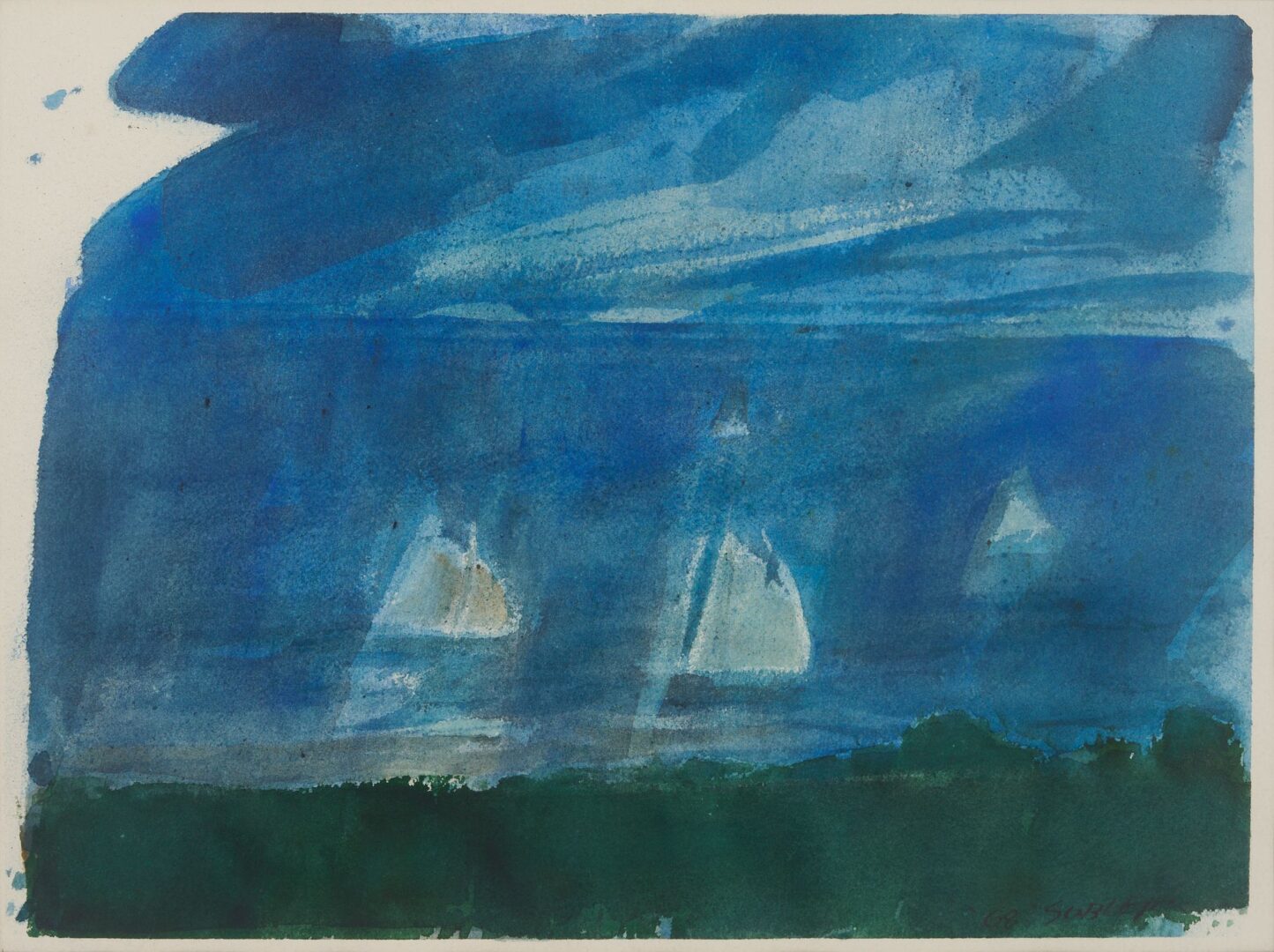 Lot 739: Carl Sublett Watercolor Coastal Scene with Sailboats