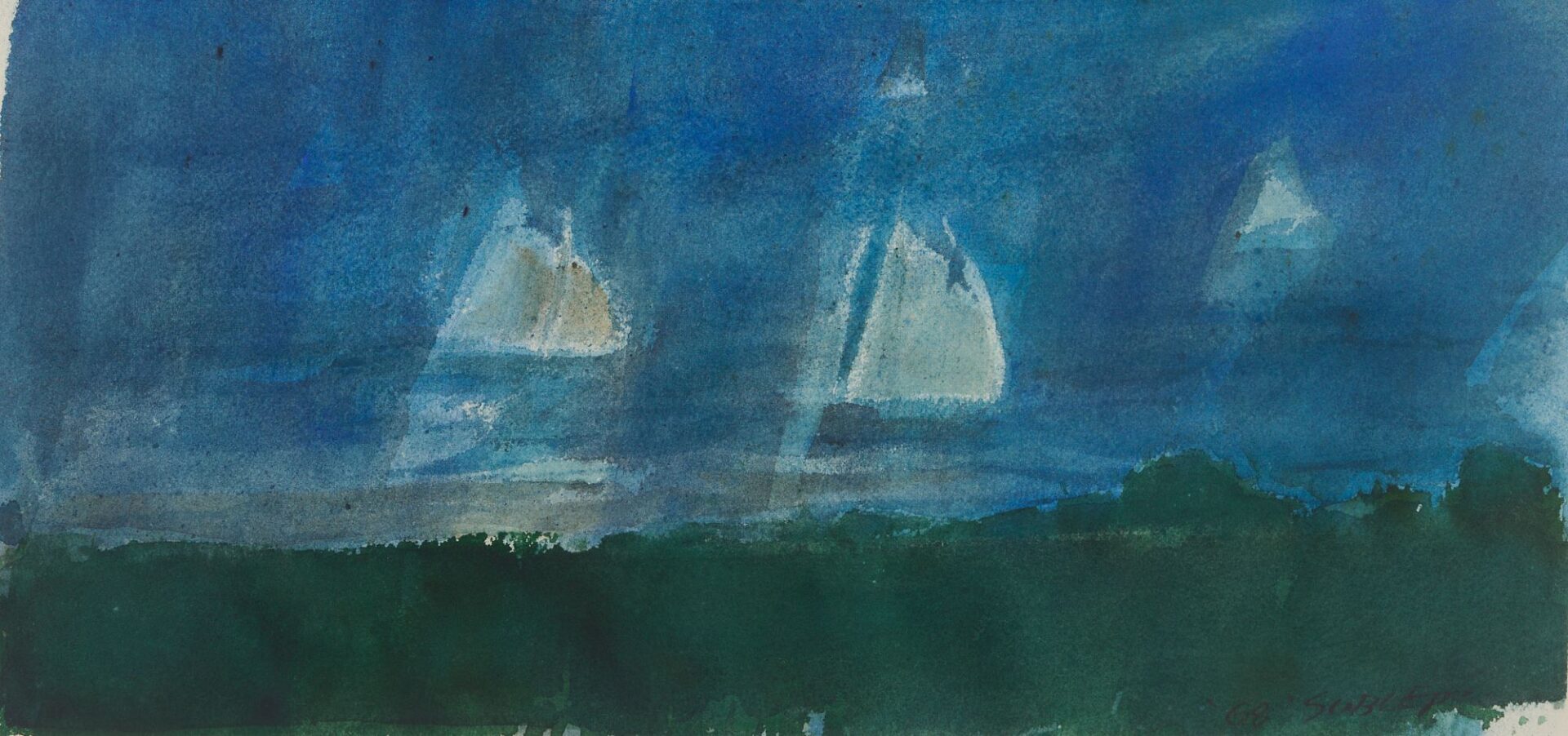 Lot 739: Carl Sublett Watercolor Coastal Scene with Sailboats