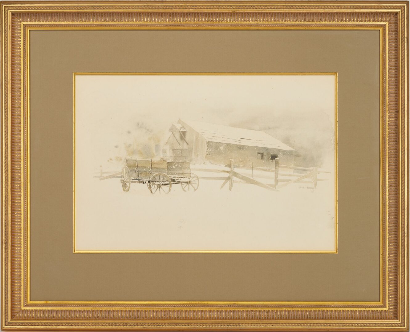 Lot 741: Xavier Ironside W/C Winter Scene, Barn with Wagon