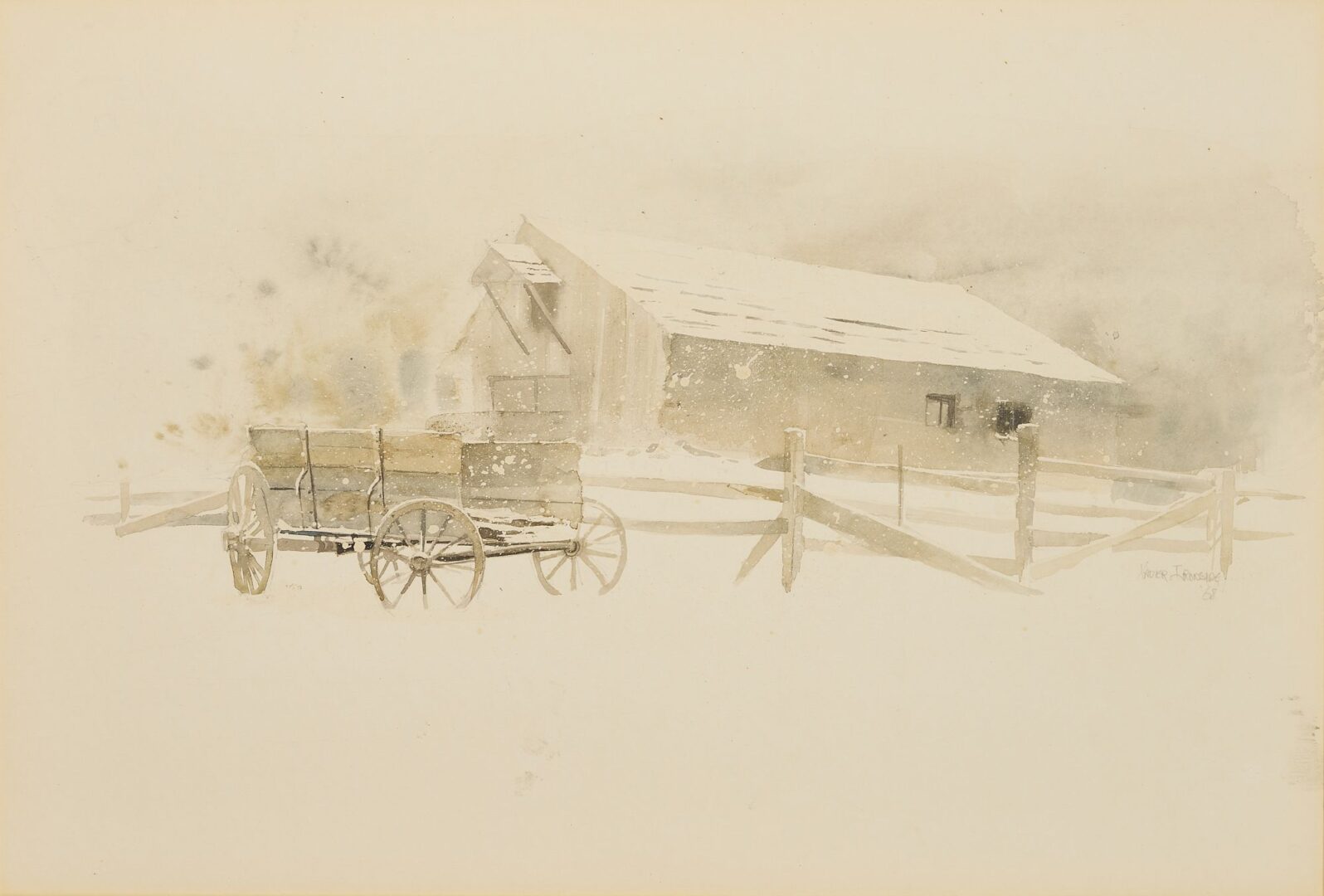 Lot 741: Xavier Ironside W/C Winter Scene, Barn with Wagon