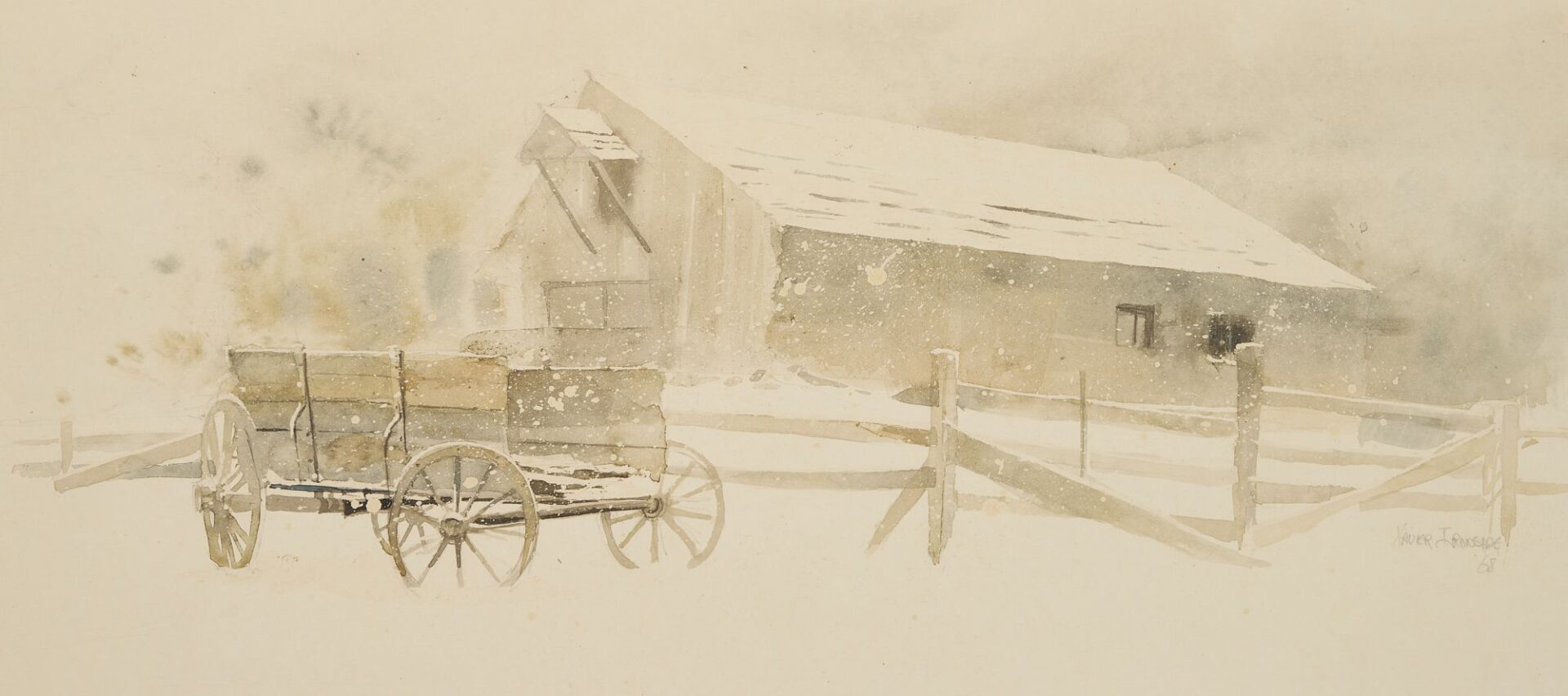 Lot 741: Xavier Ironside W/C Winter Scene, Barn with Wagon