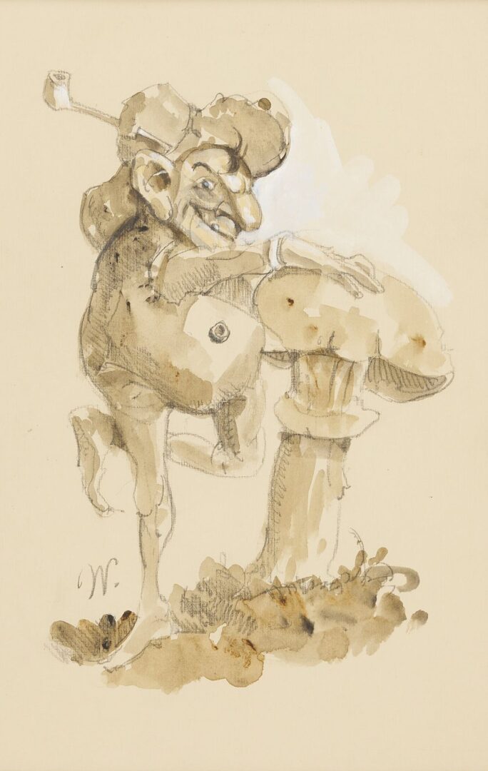 Lot 747: 3 Werner Wildner Drawings incl. Gnomes, Scarecrow