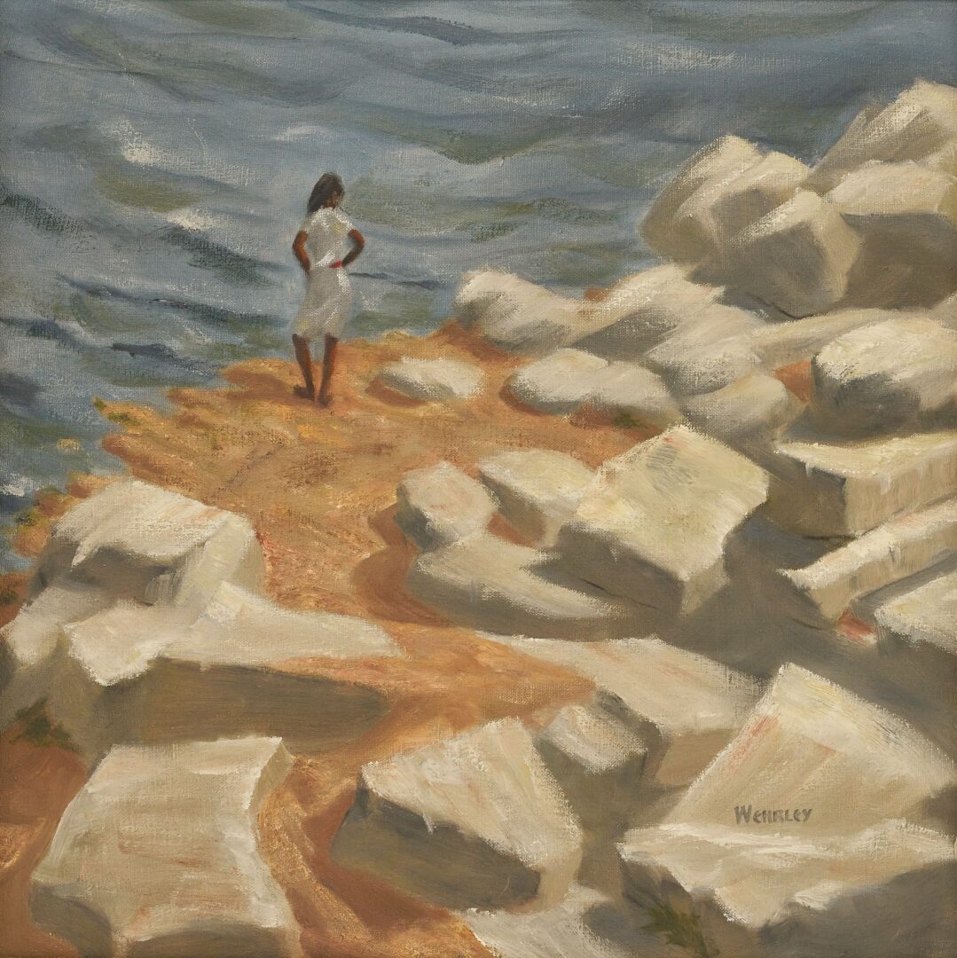 Lot 758: Margaret Wehrley O/C Girl Standing on Rocky Shore