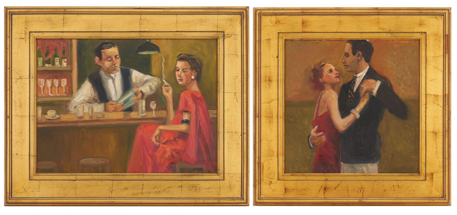 Lot 762: Pr. B. Evans O/C Paintings, Bar Scene & Dancing Couple