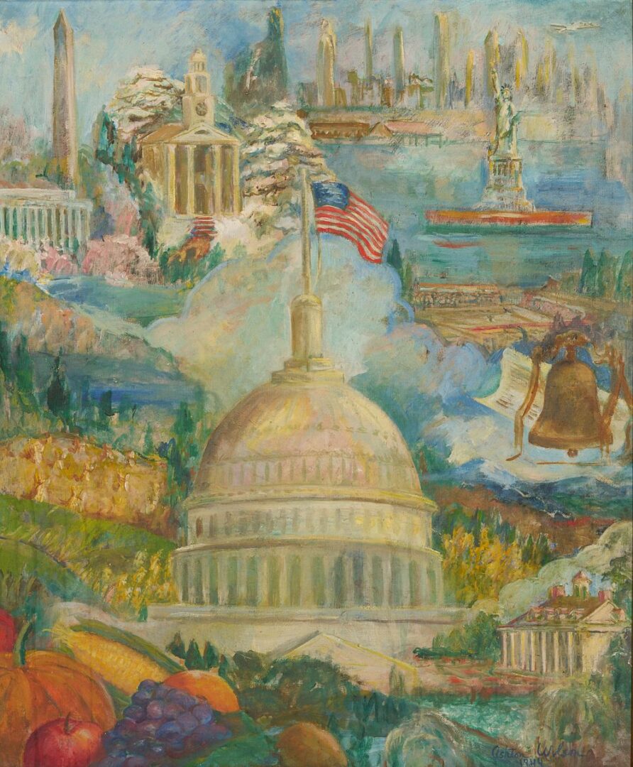 Lot 770: Ashton Wilson O/C Illustration Painting, American Landmarks, 1944