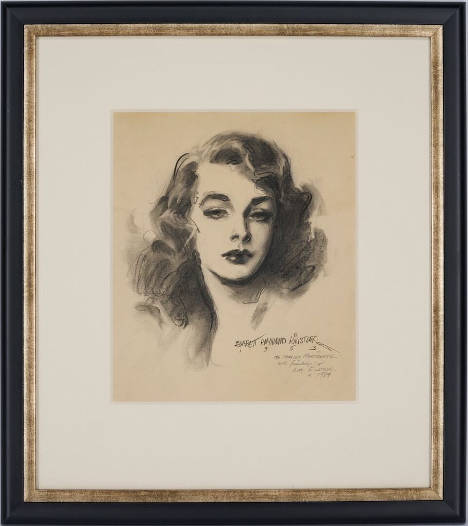 Lot 772: Everett Kinstler Illustration Drawing, Glamour Girl Portrait 1953 charcoal