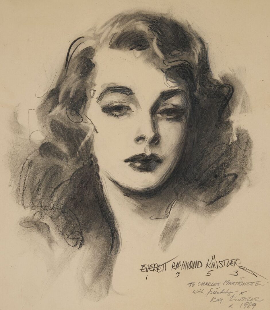 Lot 772: Everett Kinstler Illustration Drawing, Glamour Girl Portrait 1953 charcoal