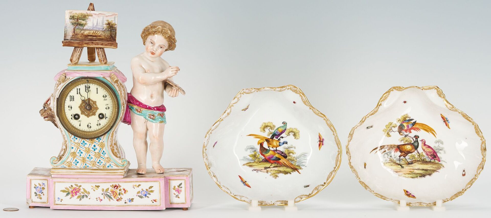 Lot 825: Porcelain Cherub Figural Clock & Pair Meissen Shell Dishes