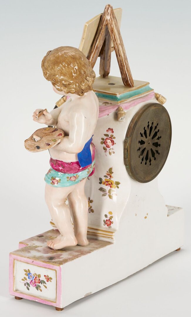 Lot 825: Porcelain Cherub Figural Clock & Pair Meissen Shell Dishes