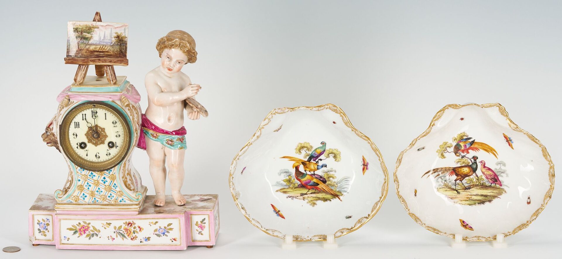 Lot 825: Porcelain Cherub Figural Clock & Pair Meissen Shell Dishes