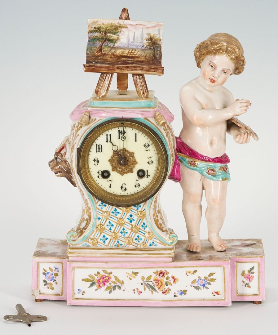 Lot 825: Porcelain Cherub Figural Clock & Pair Meissen Shell Dishes