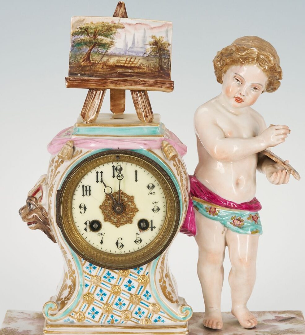 Lot 825: Porcelain Cherub Figural Clock & Pair Meissen Shell Dishes