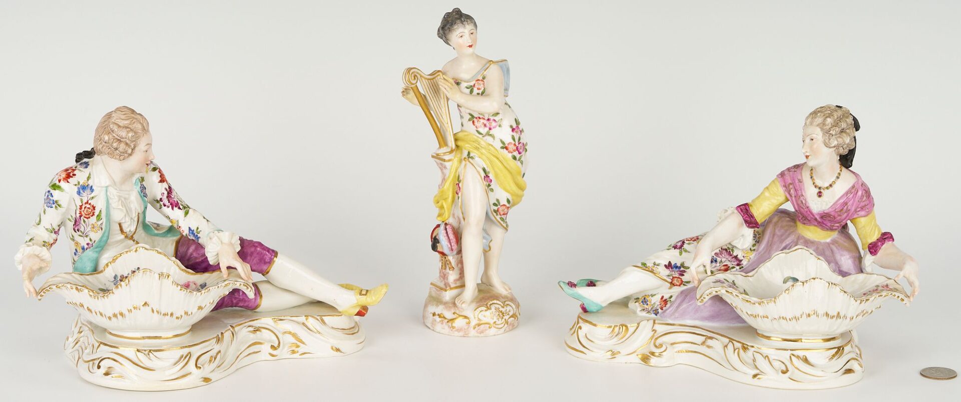 Lot 831: 3 pcs. Continental Porcelain: Sweetmeat Dishes and Figure with Harp