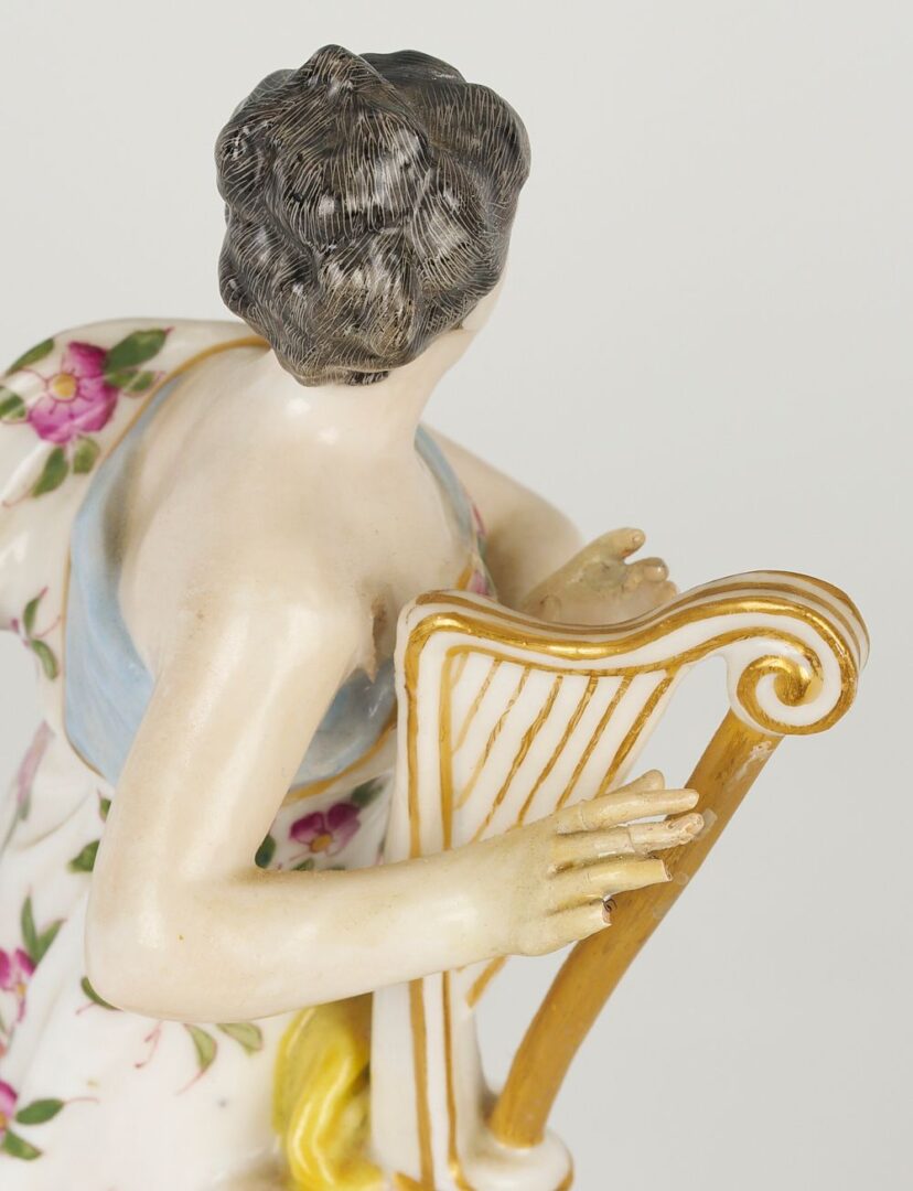 Lot 831: 3 pcs. Continental Porcelain: Sweetmeat Dishes and Figure with Harp