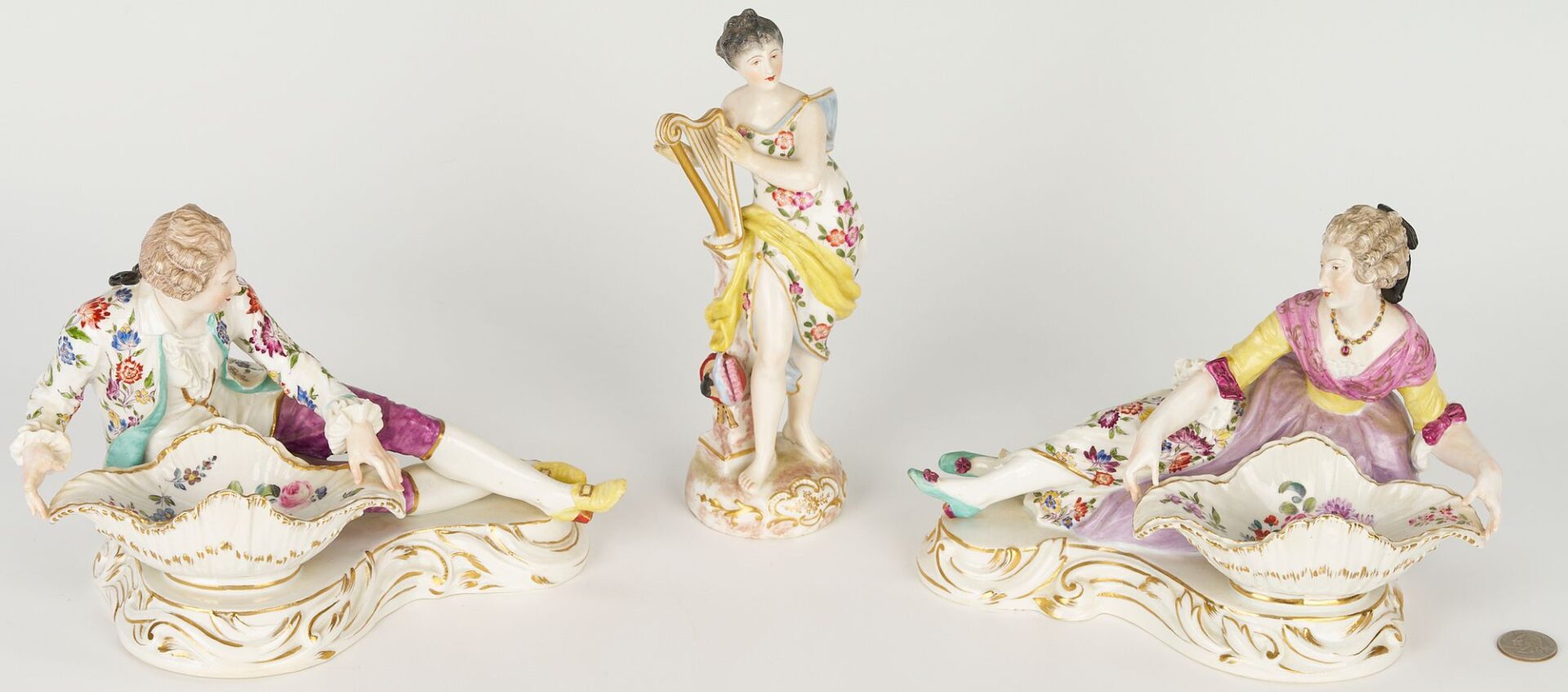 Lot 831: 3 pcs. Continental Porcelain: Sweetmeat Dishes and Figure with Harp