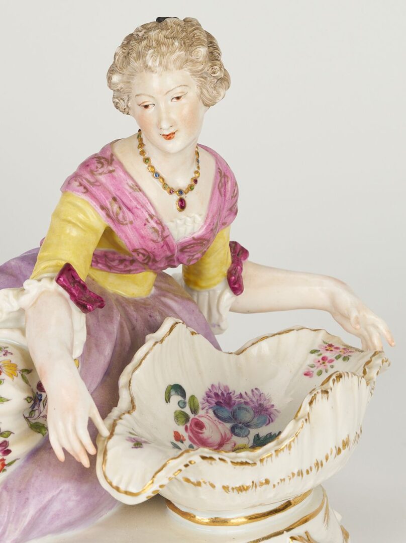 Lot 831: 3 pcs. Continental Porcelain: Sweetmeat Dishes and Figure with Harp