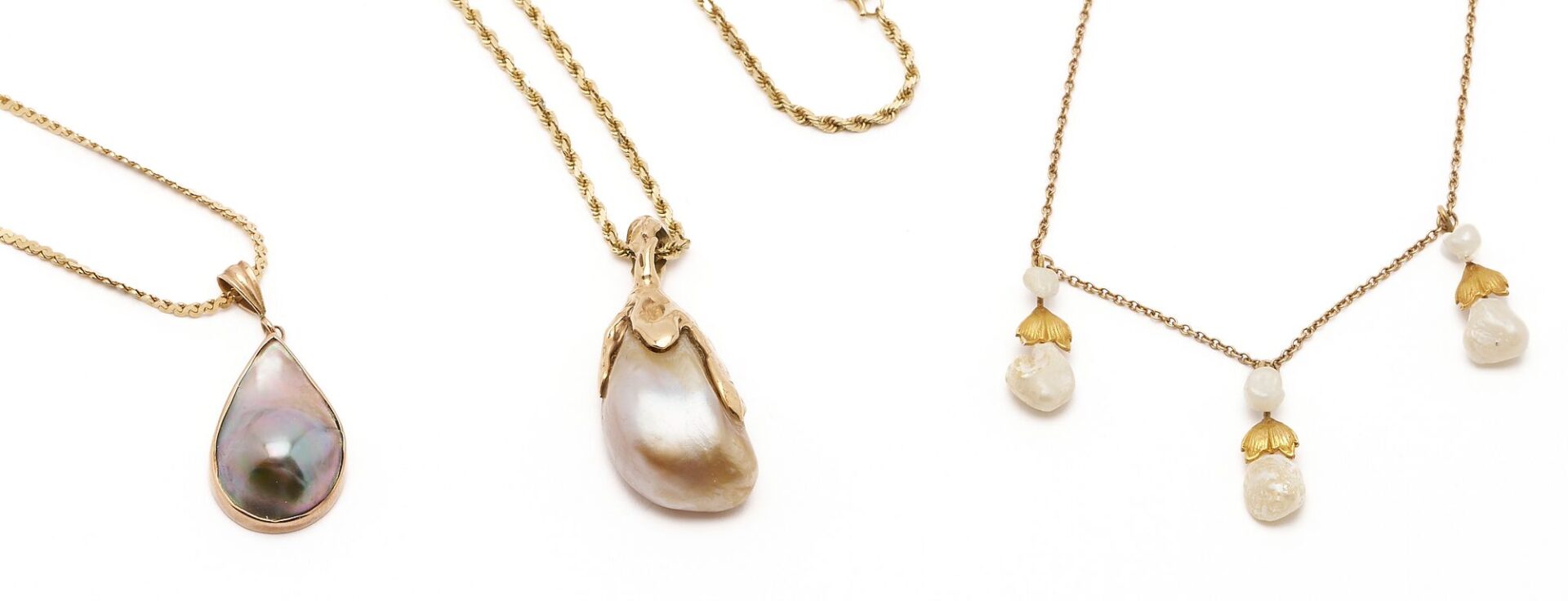 Lot 842: Three (3) 14k Gold & Pearl Necklaces