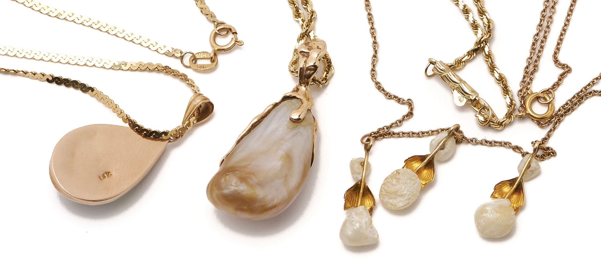 Lot 842: Three (3) 14k Gold & Pearl Necklaces