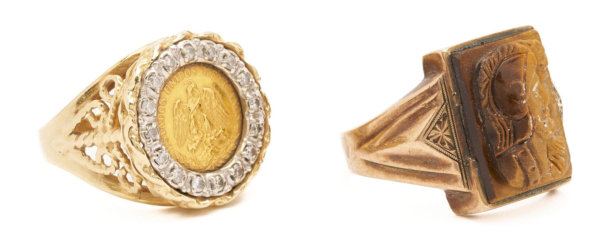 Lot 851: 14K Gold, Diamond, & Mexican two Peso piece Ring & 10K Gold & Tiger-eye Carved Cameo Ring