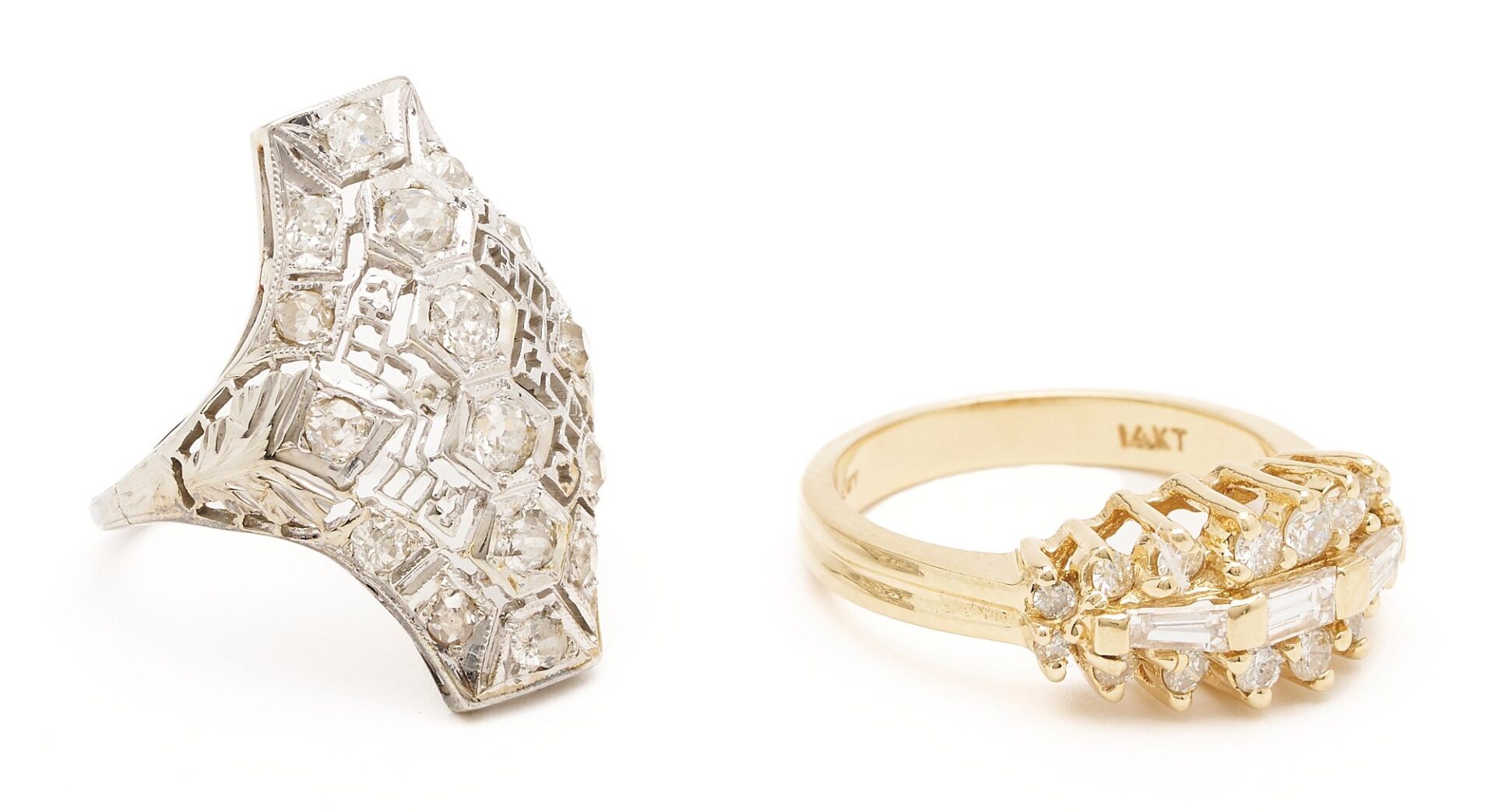 Lot 852: 2 Ladies Diamond & Gold Rings: Art Deco & Diamond Cluster
