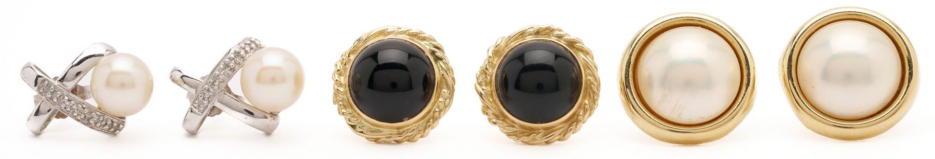 Lot 862: Five (5) Pairs of Gold, Pearl, & Onyx Earrings