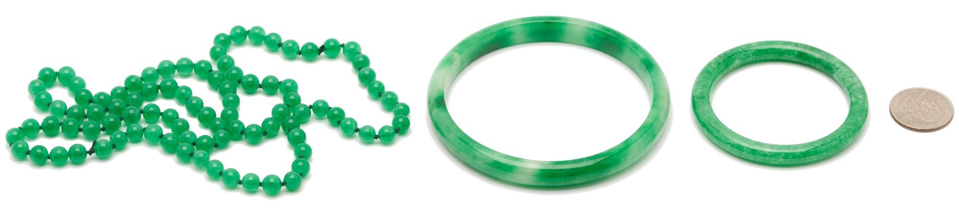 Lot 870: 2 Apple Green Jade Bangle Bracelets plus Beads