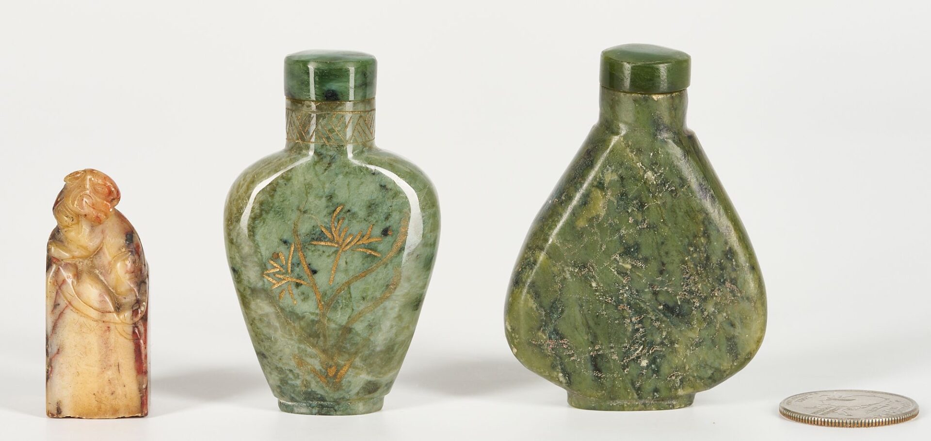 Lot 874: 3 Chinese Carved Items, 2 Jade Snuff Bottles & 1 Hardstone Seal