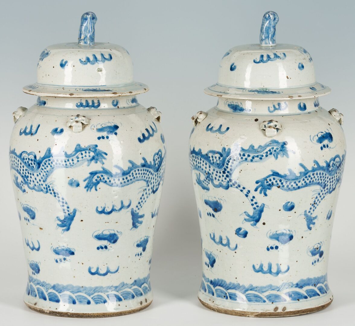 Lot 882: Large Pair of Chinese Blue & White Ginger Jars, Dragon Designs