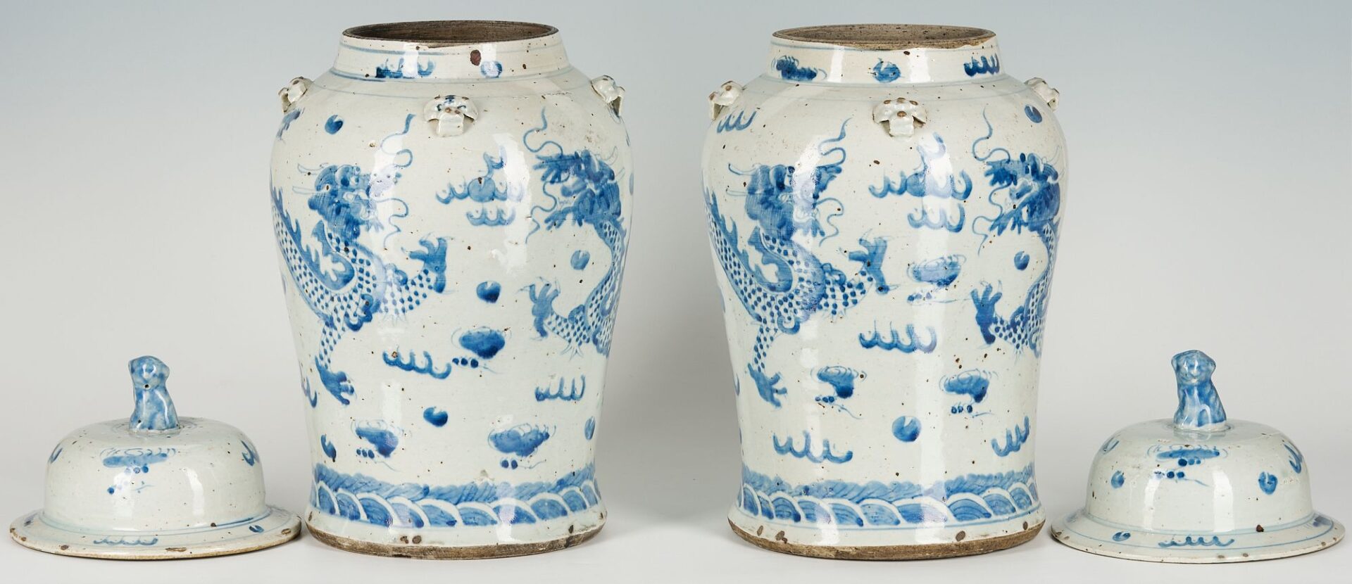Lot 882: Large Pair of Chinese Blue & White Ginger Jars, Dragon Designs
