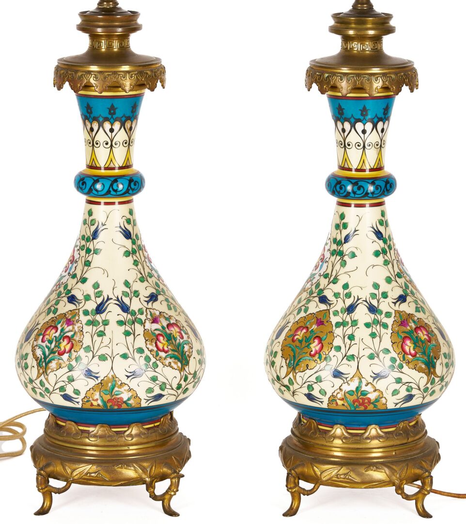 Lot 88: Pr. Iznik Style Porcelain Lamps, Aesthetic Movement Mounts
