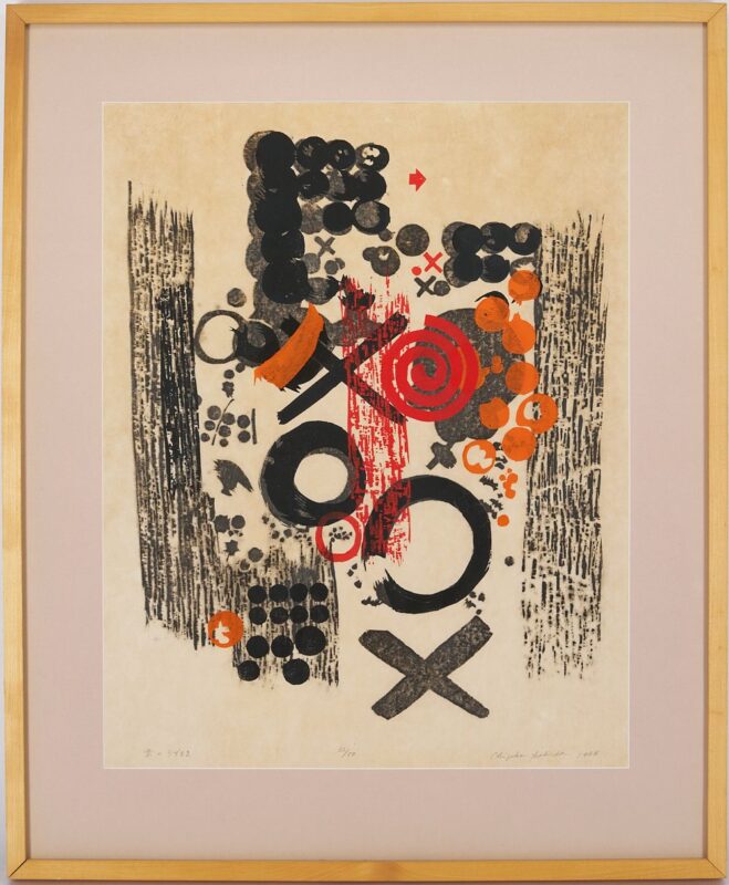 Lot 892: Chizuko Yoshida Modernist Woodblock Print, Red Whirlpool, 1964