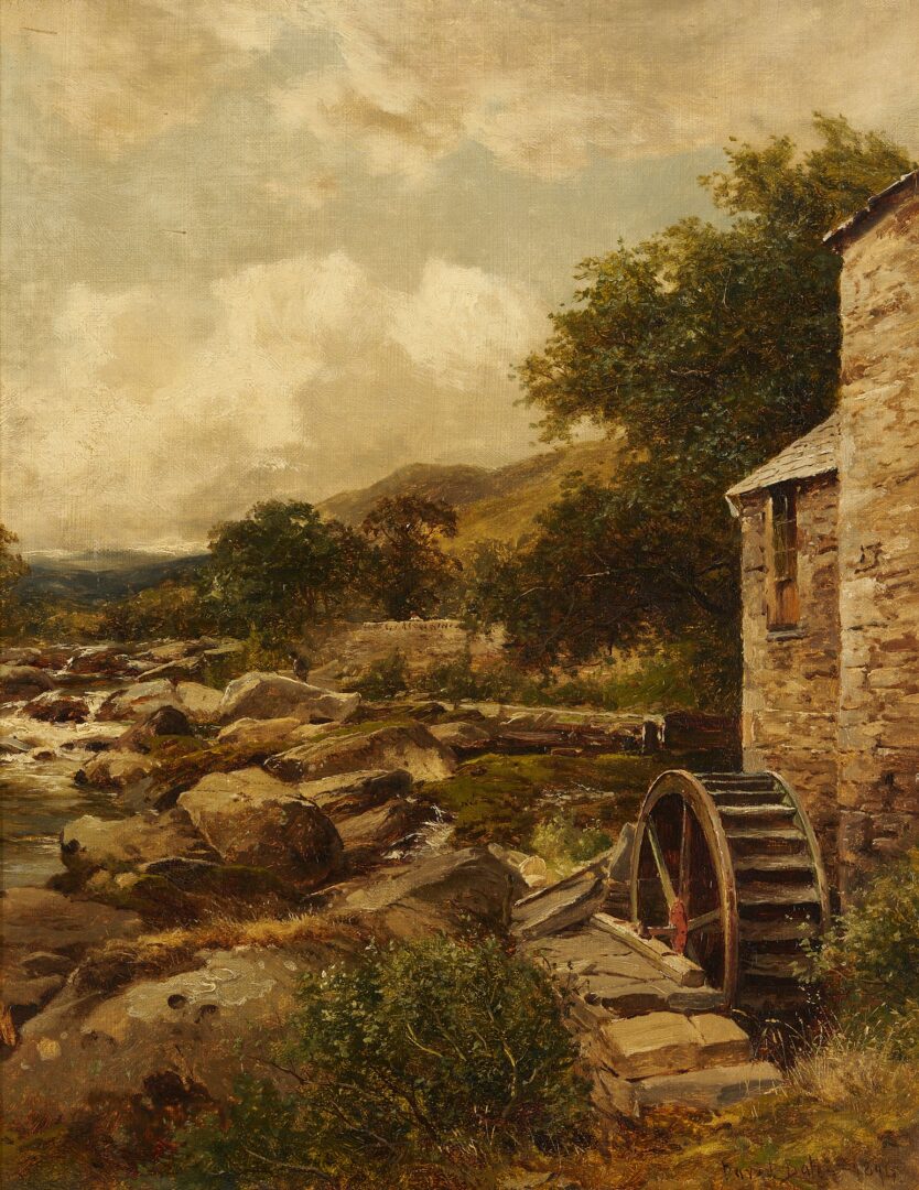 Lot 906: David Bates O/C Welsh Landscape, The Mill on the Llugwy, 1894