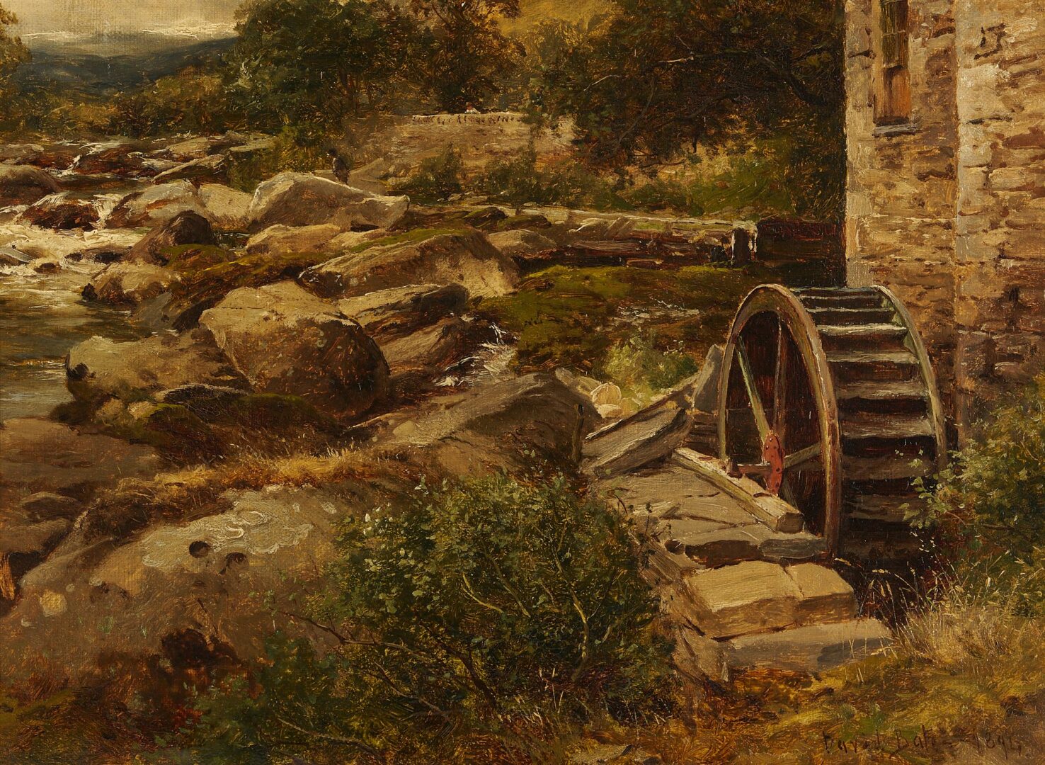 Lot 906: David Bates O/C Welsh Landscape, The Mill on the Llugwy, 1894