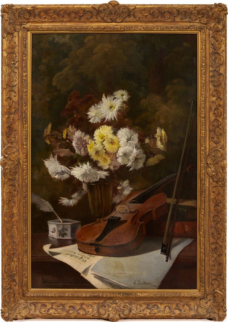 Lot 907: Albert Sandier O/C, Still Life wih Violin & Flowers