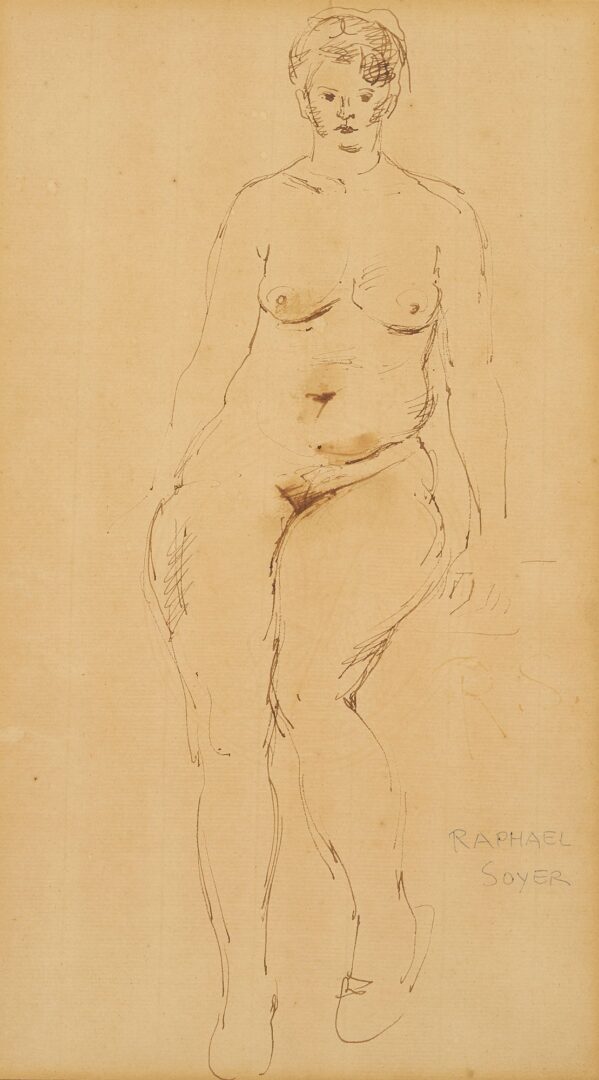 Lot 915: 2 Drawings: Raphael Soyer Nude, Circus, Plus 1 Portrait Etching of Michelangelo