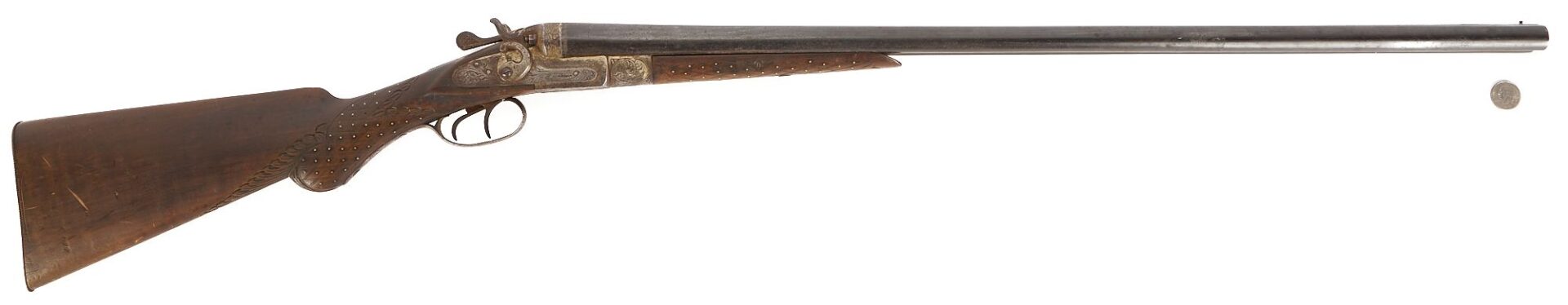 Lot 928: T. Barker Retailed Belgian Double Barrel 12 Gauge Percussion Shotgun