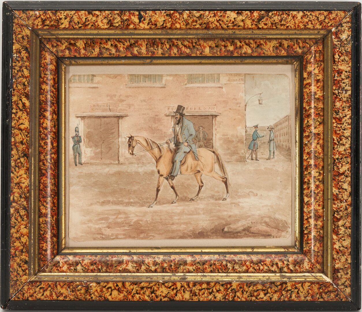 Lot 940: 19th C. Watercolor Streetscene w/ Mexican-American War Soldiers