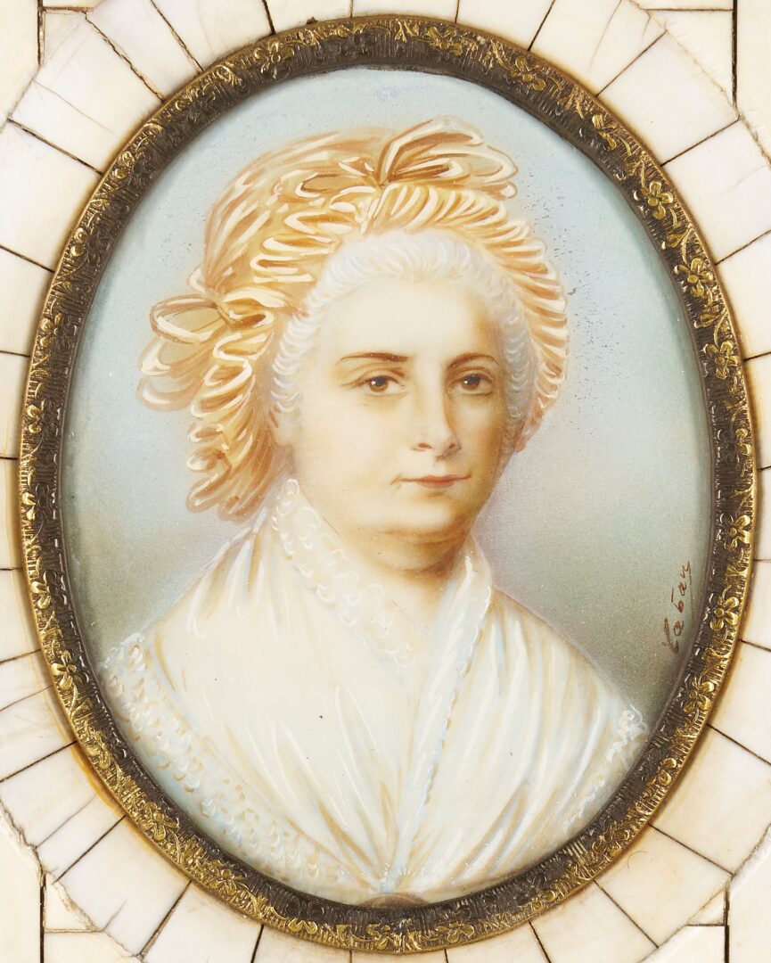 Lot 943: Pr. Signed Miniature Portraits of George and Martha Washington