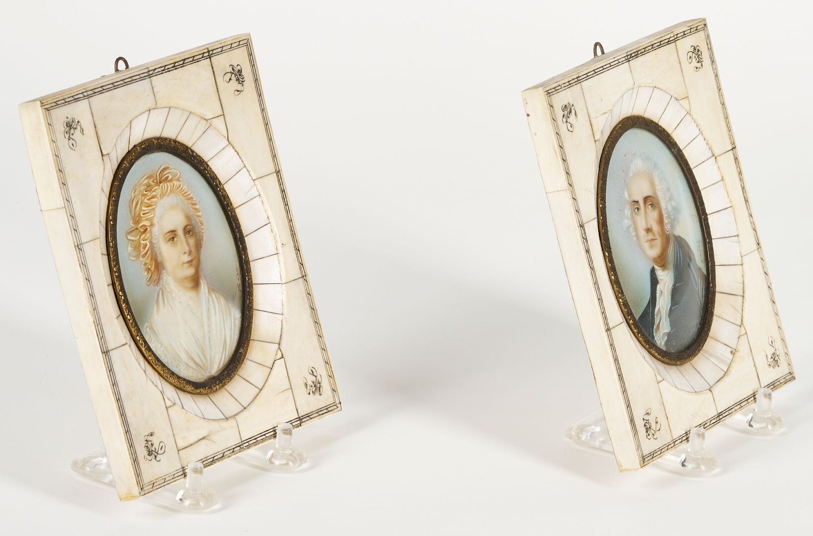 Lot 943: Pr. Signed Miniature Portraits of George and Martha Washington