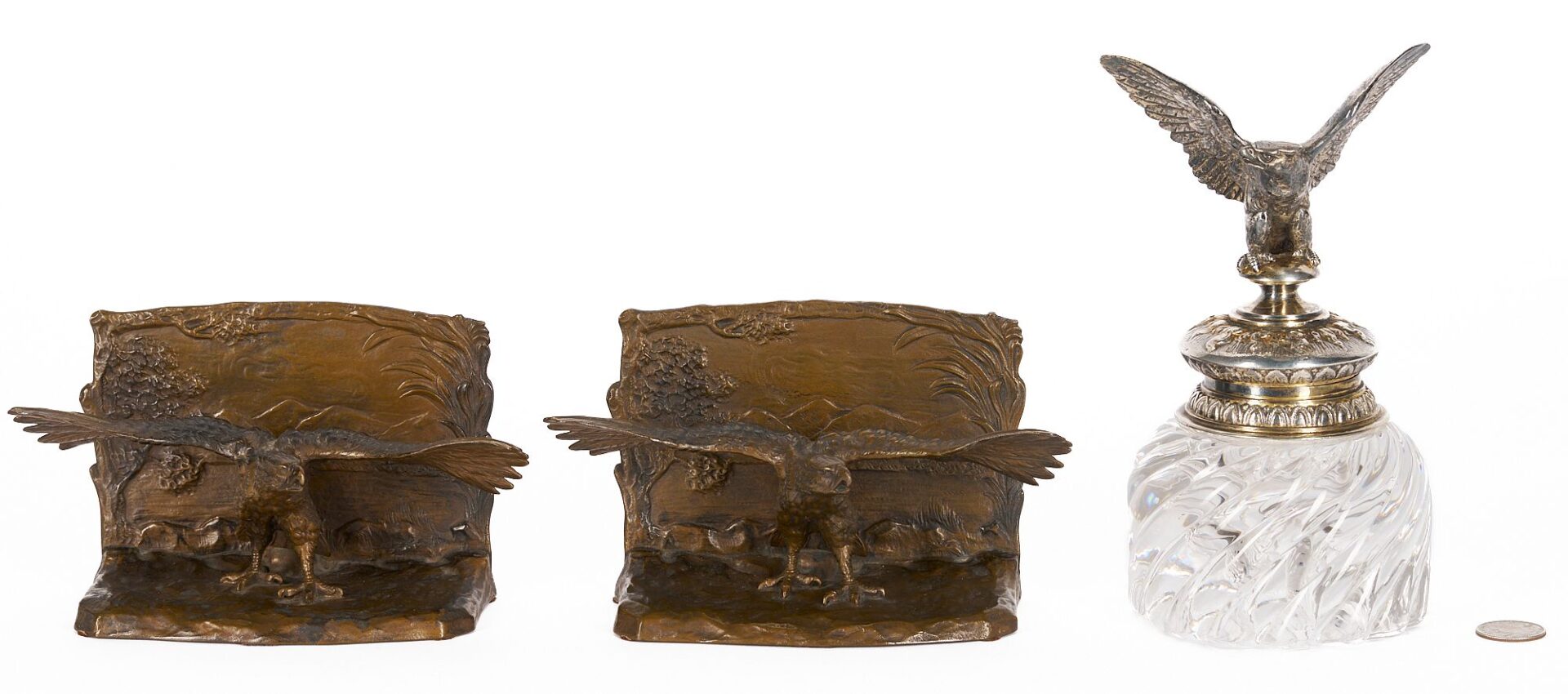 Lot 94: Eagle Figural Silver & Cyrstal Inkwell and Pr. Bronze Bird Bookends