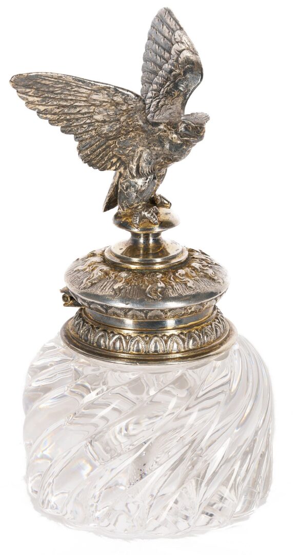 Lot 94: Eagle Figural Silver & Cyrstal Inkwell and Pr. Bronze Bird Bookends