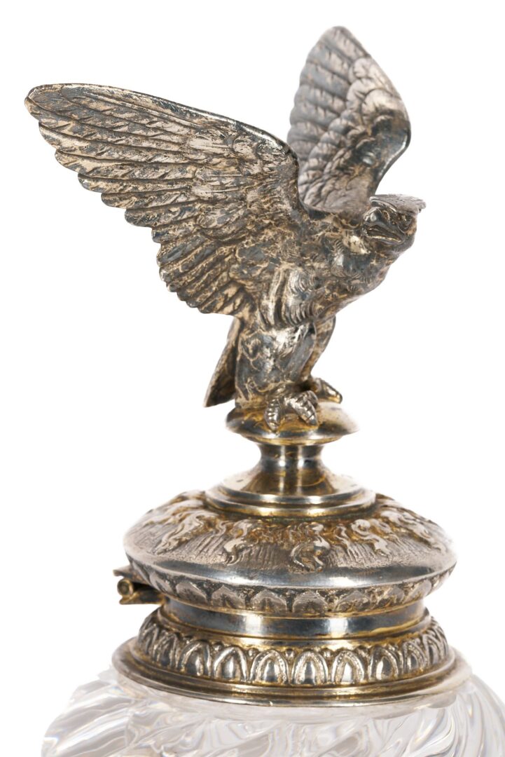 Lot 94: Eagle Figural Silver & Cyrstal Inkwell and Pr. Bronze Bird Bookends