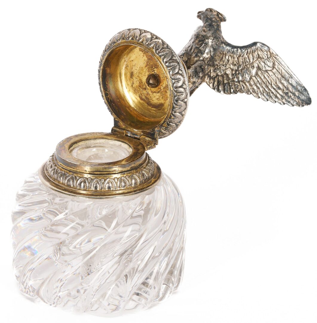 Lot 94: Eagle Figural Silver & Cyrstal Inkwell and Pr. Bronze Bird Bookends