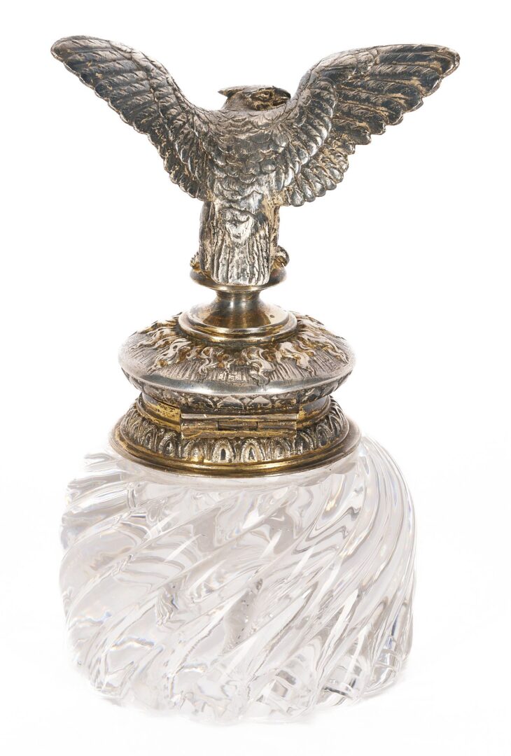 Lot 94: Eagle Figural Silver & Cyrstal Inkwell and Pr. Bronze Bird Bookends