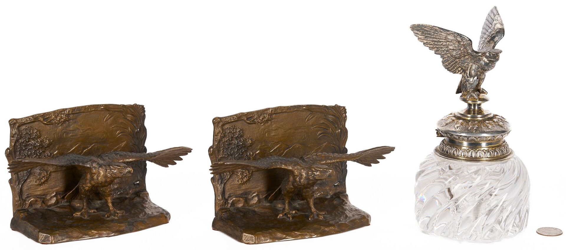 Lot 94: Eagle Figural Silver & Cyrstal Inkwell and Pr. Bronze Bird Bookends