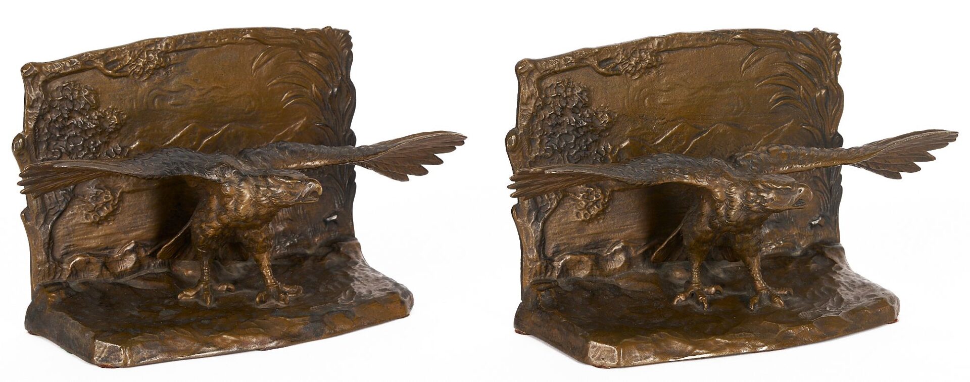 Lot 94: Eagle Figural Silver & Cyrstal Inkwell and Pr. Bronze Bird Bookends