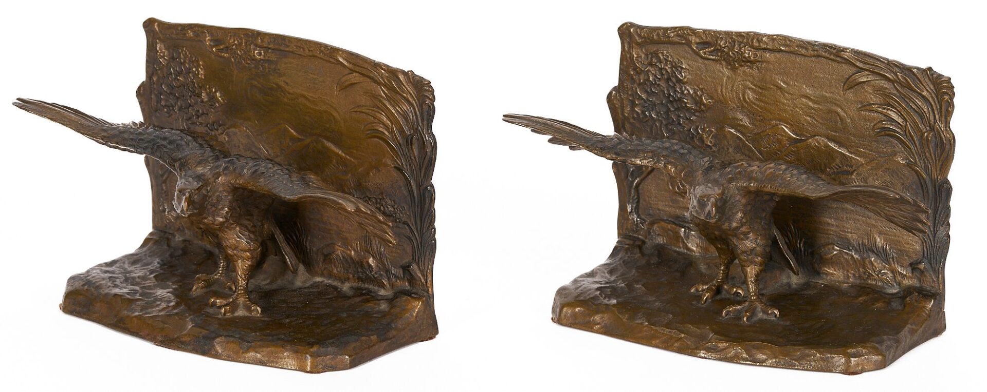 Lot 94: Eagle Figural Silver & Cyrstal Inkwell and Pr. Bronze Bird Bookends